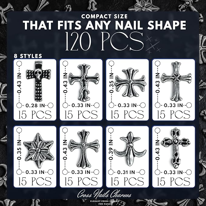 120 Pcs Cross Nail Charms and Gems – 3D Acrylic Silver Cross Charms for Nails for DIY & Professional Manicure – Easy-to-Apply & Durable Nail Decorations, Versatile for Y2K or Daily Manicure Designs