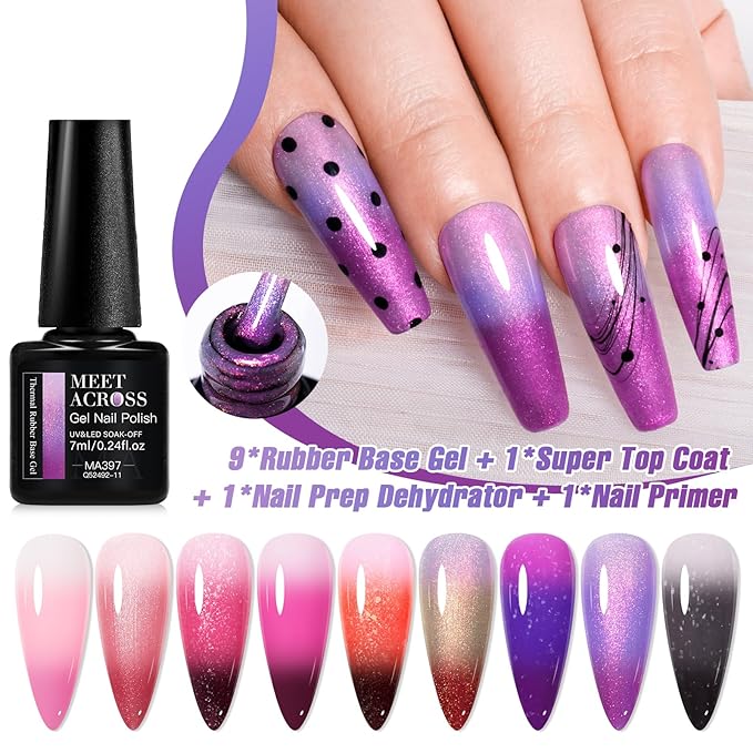MEET ACROSS Color Changing Builder Nail Gel of 12 Temperature Shiny Changing Colors Rubber Base Gel Polish Including Pink Purple Orange Mood Changing Gel Manicure Kit for Nail Art Home DIY