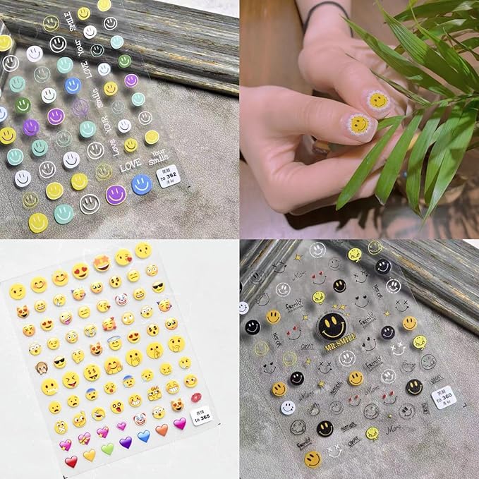 Dedyel Smile Nail Art Stickers Cute Nail Stickers Cartoon Nail Stickers 5D Embossed Smile Face Nail Stickers Kawaii Self-Adhesive Nail Stickers for Women Girls Kids Nail Art Decoration
