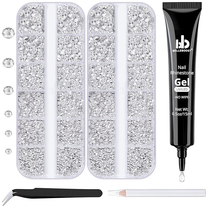 BELLEBOOST Nail Art Rhinestone Glue Gel&2 Boxes Flatback Gems Kit, 1 Tube of 15ml Rhinestone Gel Glue(UV/LED Needed)+Round Glass Crystal Clear Gemstones with Pickup Tools