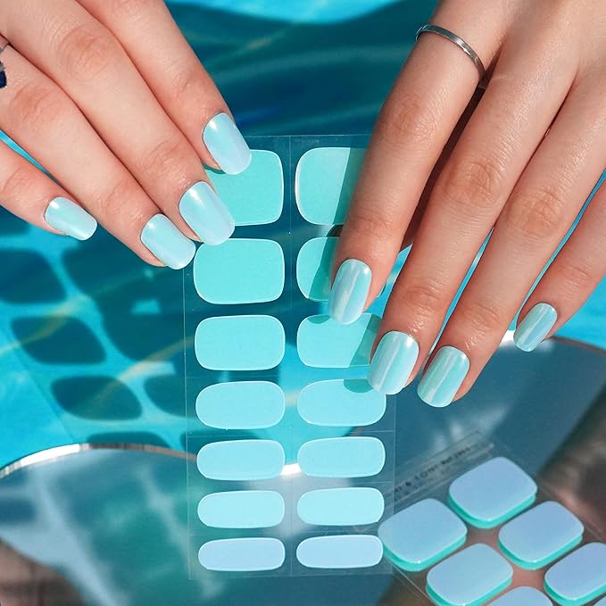 DANNI & TONI Semi Cured Gel Nail Strips Light Turquoise Holographic Soft Mint Blue Gel Nail Wraps 28 Stickers | Lunar Tide