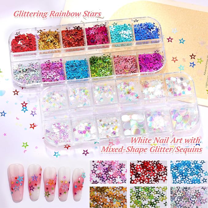 10 Boxes Holographic Nail Glitter Sequins Kit,Mixed Shape Iridescent Laser Butterfly Heart Star Maple Leaf Cherry Blossoms Sakura Petal Nail Art Flakes with Tweezers & Dotting Tools for Nail Craft