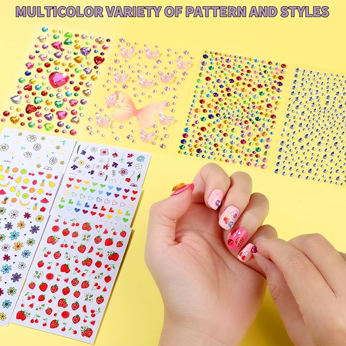 FANDAMEI Nail Kit for Girls, Press on Nails for Kids, Nail Polish Set for Girls, False Nail Tips for Kids, Nail Stickers for Kids, 3D Rhinestone Stickers Face Gems, Nail Glitter, Nail Art Tool Kit