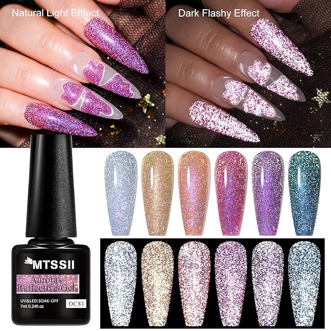 MTSSII Reflective Glitter Gel Nail Polish Set for Christmas Nails 12 Colors Including Pink Purple Silver Holographic Gel Polish Kit UV LED Soak Off Nail Polish Home DIY Manicure Nail Salon Varnish