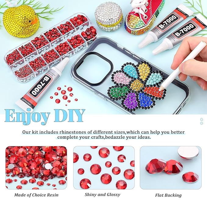 12000Pcs Resin Rhinestones for Bedazzling with 3Pcs B7000 Jewelry Glue, 2 Boxes Red Flatback Rhinestones for Crafting Crafts DIY, Crystals Gems for Clothing Shoes Tumblers Nail Art Makeup