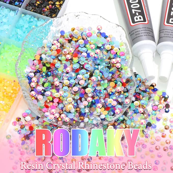 RODAKY 30000PCS Resin Jelly Rhinestone 4mm Flatback Crystal Gems AB Color Rhinestones Bedazzling Kit with 2PCS 10ml B7000 Jewelry Glue Tweezers Pen Making Kit for DIY Craft Clothing Shoes Nail Decor