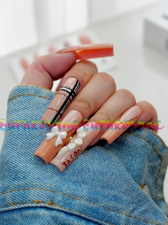10PCS Orange Pink Press On Nails – Long Coffin Fake Nails with 3D Bows, Pearl Flowers & Geometric Line Art Design, Glossy Reusable Nails for Women and Girls – Euphrosyne