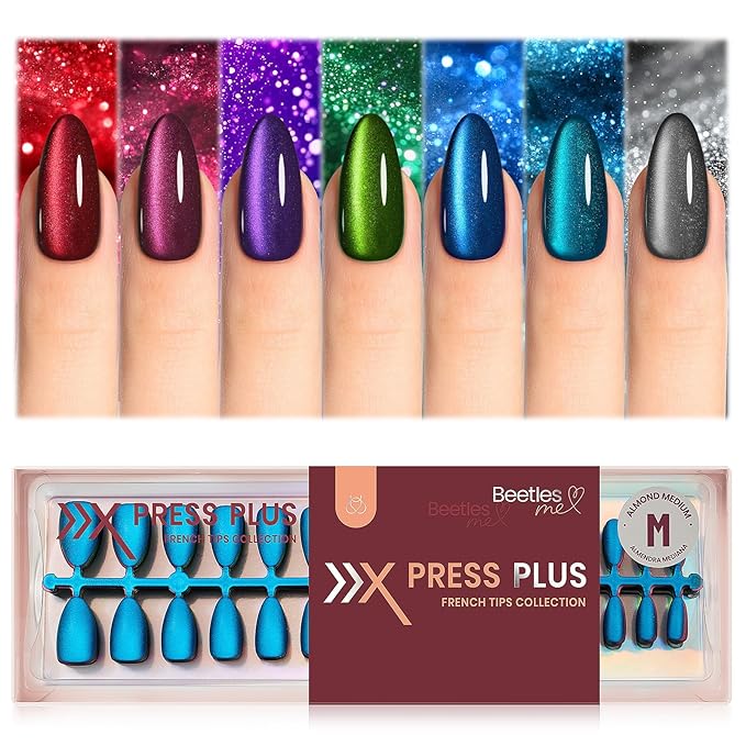 Beetles Cat Eye Press On Nails - Enchanted Aurora | 7 Colors Medium Almond Press On Nails | 16 Sizes 224 Pcs Natural Salon Quality For Red Blue Purple Nails St Patrick Day