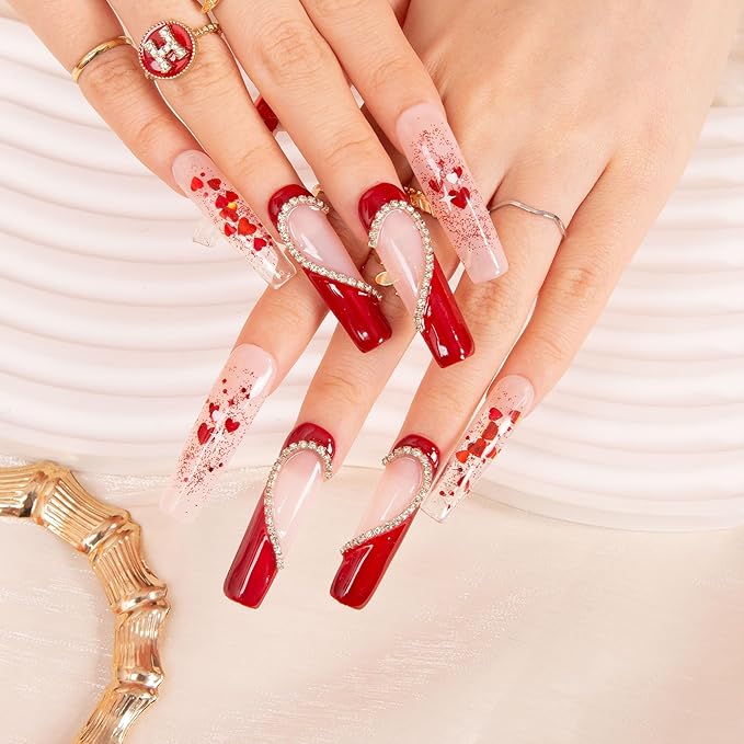 LOVFUL Press on Nails Love Day Exclusive | Handmade with Full Covered Crystals | Reusable Full Cover Nails | Square Mid length 1.7 in | H154-M