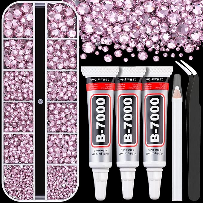 Resin Rhinestones for Crafting 1 Box Light Pink Flatback Crystals with 3 Pcs 10ml B7000 Jewelry Glue, Non-Hotfix Gems for Bedazzling, DIY Nail Art Makeup, Clothing & Shoes Decor