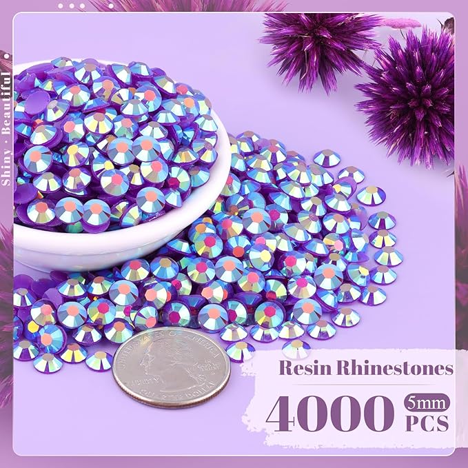4000PCS 5mm Resin Jelly Rhinestones in Bulk (Dark Purple AB), Bedazzling Flatback Crystals Rhinestones for Crafting DIY Nail Decoration, Gems Diomand Charms for Tumbler Shoes Clothing Fabric
