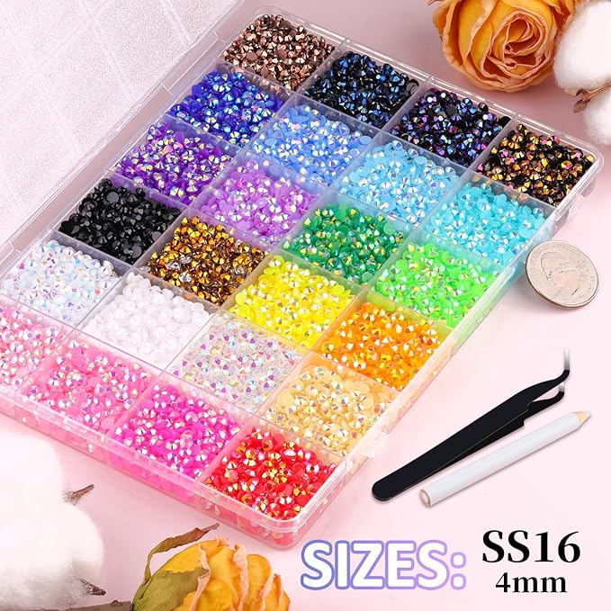 12600Pcs Resin Jelly Rhinestones with Tweezers for Crafting, Mixed-Color 4mm Non Hotfix Flatback Gems, Bedazzling Crystal for DIY Crafts Clothing Tumblers Mugs Shoes Fabric Decor Nail Art Makeup