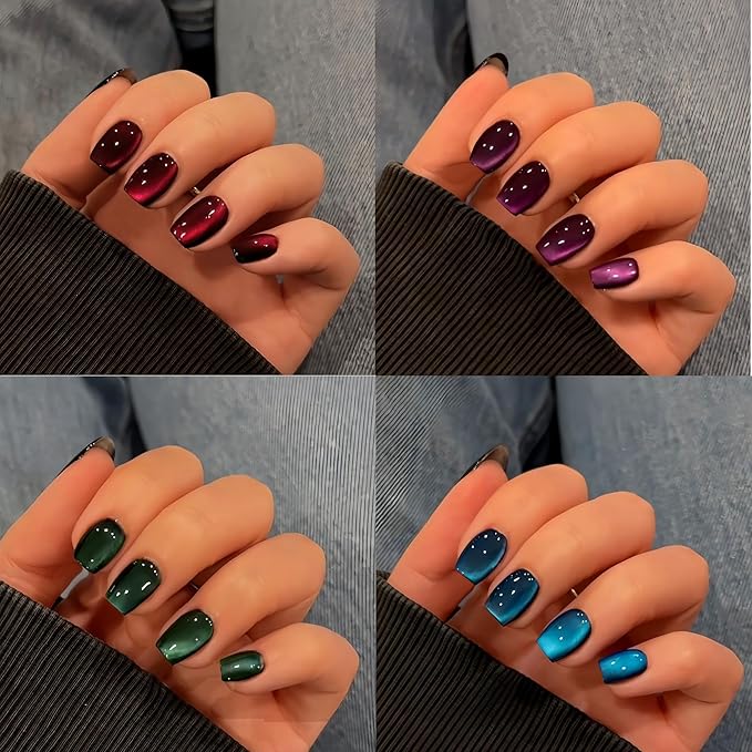 KQueenest 4 Packs Gel Press On Nails Short Coffin, Cat Eye Press On Nails Square, Short Fake Nails Press Ons Chrome Black, Glitter Glue On Nails for Women Small Sizes, Valentine Day Gift Kit 120 Pcs
