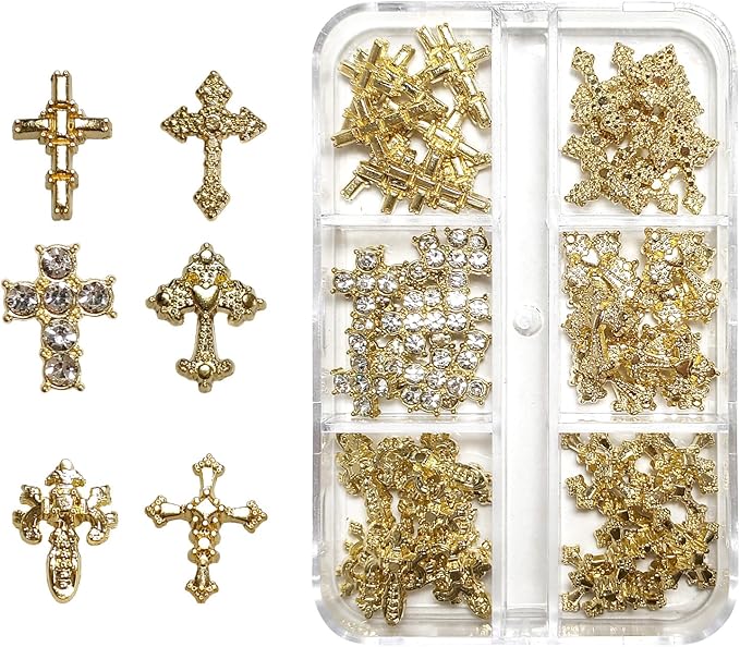 3D Alloy Metal Crystal Cross Nail Charms - 60 Pcs Ideal for Women and Girls' DIY Punk Nail Art, with Rhinestones, Great for Salons & Fashion Events (60, Golden)