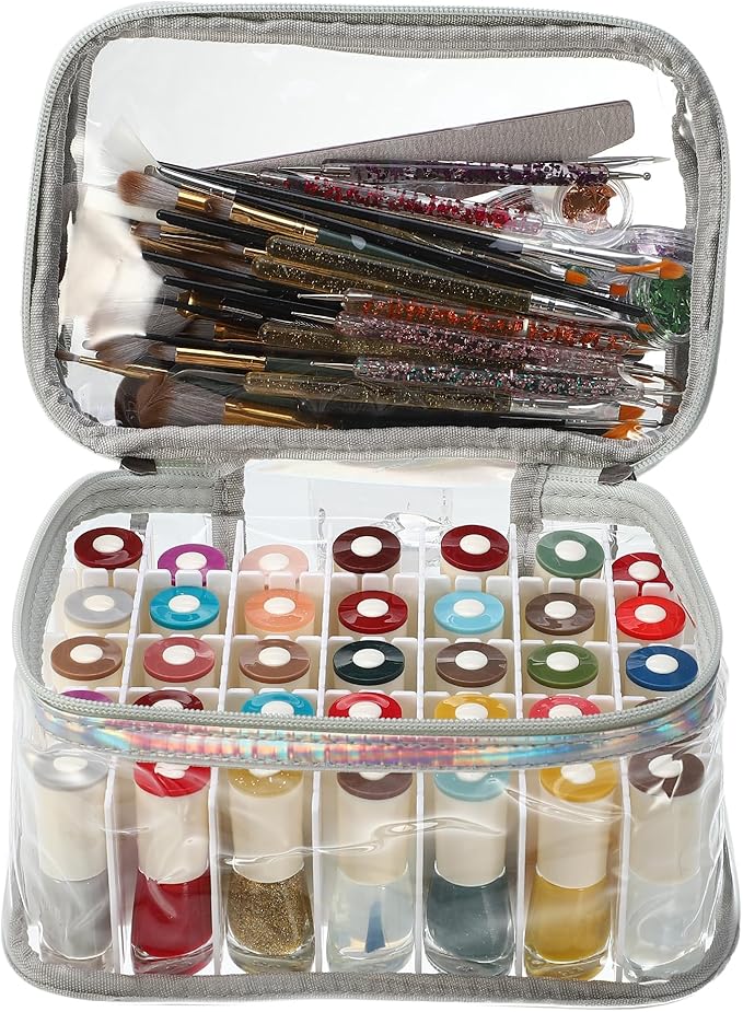 VOCOSTE Nail Bag, Carrying Case Holds 35 Bottles, Art Set Organizer, Travel Storage for Nail Polish, Silver Tone