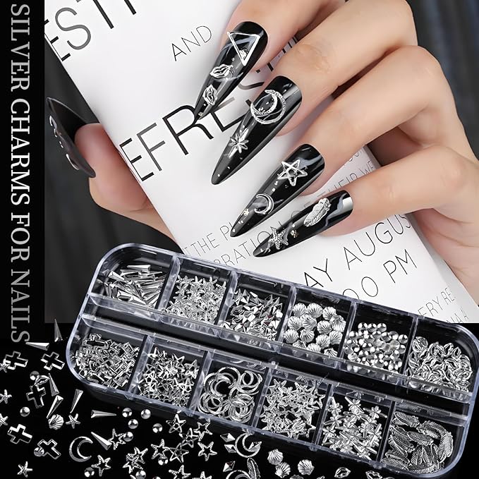Teenitor Silver Nail Charms and Gems Kit, 4 Boxes Nail Gems Silver Rhinestones for Nails, 3D Y2K Accessories Nail Decor, Cross Charms for Nails Design Star, Caviar Beads for Nails Art