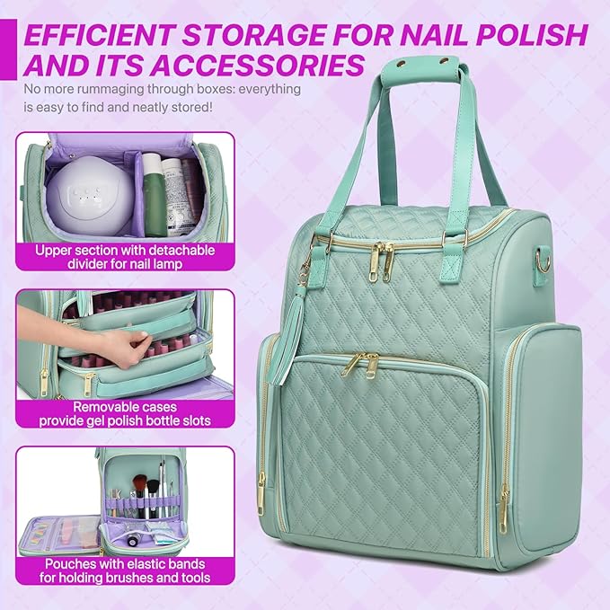 Nail Bag Organizer Case Backpack, Nail Bag Holds 80 Bottles (15ml-0.5 fl.oz) and Nail Lamp, Nail Polish Case with 2 nail polish Bag, Portable Travel Backpack for Nail Tech Supplies Manicure Tools