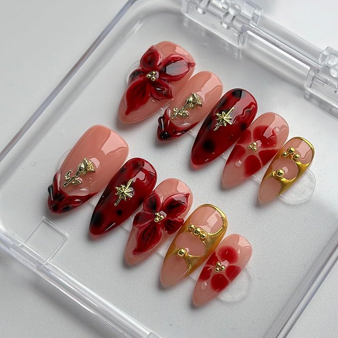 Luxury Press on Nails Medium Almond Handmade 3D Unique Reusable ABS Material Fake Nails French Tip False Nails with Designs Red Floral Glossy Glue on Nail Thick Acrylic Nail(S)