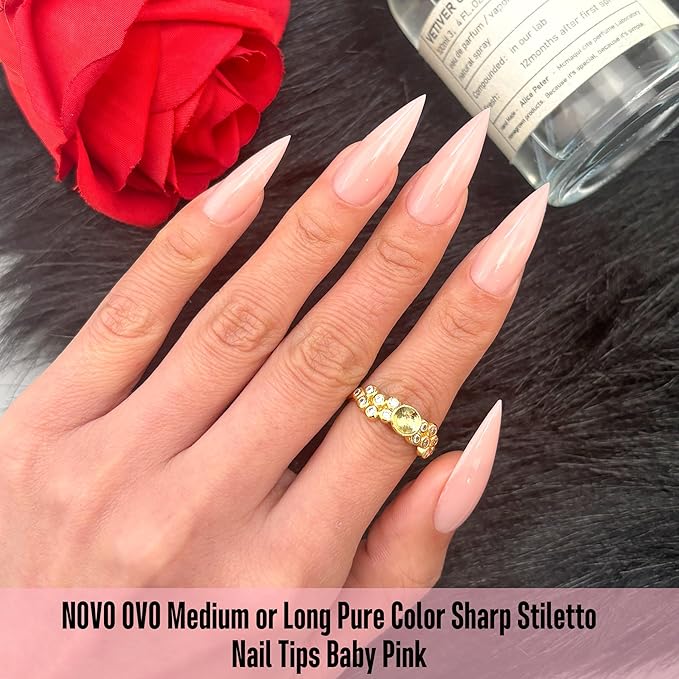 NOVO OVO Medium Long Stiletto Nail Tips (Baby Pink) - Pure Color Sharp Pointed Soft Gel Fake Nails, Pre-Colored Full Cover Press Ons for Acrylic Extension, 16 Sizes (224 Pcs)