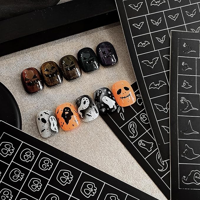 Halloween Nail Stickers Airbrush Stencils Stickers for Nail Art with Skull Ghost Witch Bat Pumpkin Grimace Designs Supplies Design Nail Guide for Manicure Nails Decoration 6 Sheets