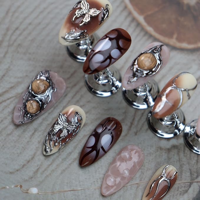 Brown Ombre Press on Nails Butterfly Fake Nails Medium Almond False Nail with Metal Design Silver Glue on Nails Handmade Nail Press ons Y2K Stick on Nail for Women Girls Cool Manicure (S)