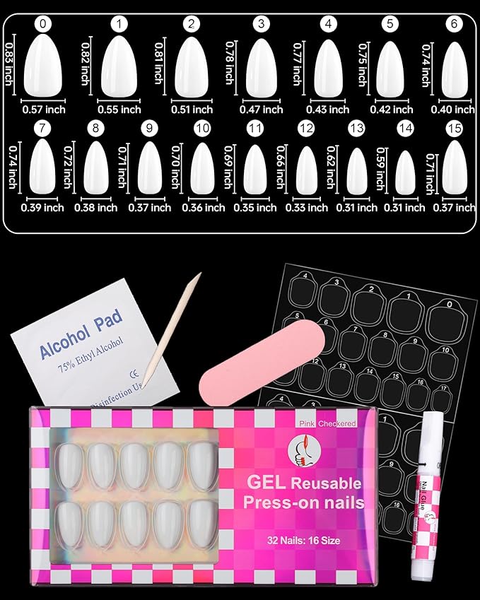 White Press on Almond Nails Short 16 Sizes Glossy Gel Fake Nails with Glue & Stick