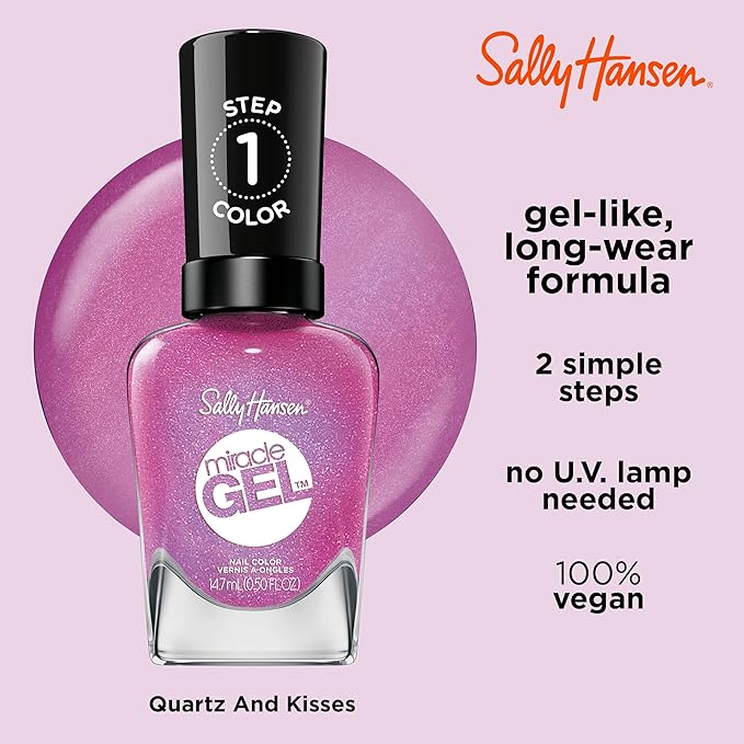 Sally Hansen Miracle Gel Salon Quality Nail Polish | Gel-Like Formula, Two-Step System, No UV Light Needed, Long Lasting | Opaque, Shimmer | 512 Quartz And Kisses | Fuchsia Pink Nail Color