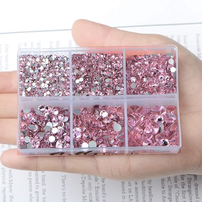 AD Beads 4300 Pieces Flat Back Nail Art Rhinestones Round Beads 6 Sizes (2-6.5mm) with Storage Organizer Box,Rhinestones Picking Pen for Nail Art Phone Decorations Crafts DIY (Pink)