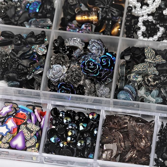 1400 Pieces 3D Butterfly Rose Flower Bow Rabbit Bear Nail Charms Kit with Nail Art Rhinestones Pearls Crystal Gems Nail Slices for Manicure DIY Crafts Jewelry Accessories (Black White)