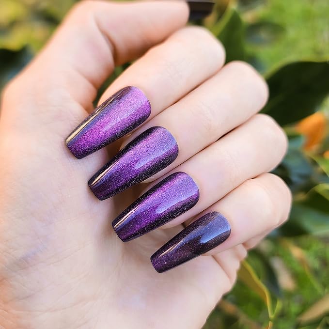 Hypnaughty 24 Pcs Galaxy Cat Eye Effect Magenta Color Changing Glossy And Sparkly Coffin Long Press On Nails With Nail Kit And Glue (Galaxy Cat Eye)