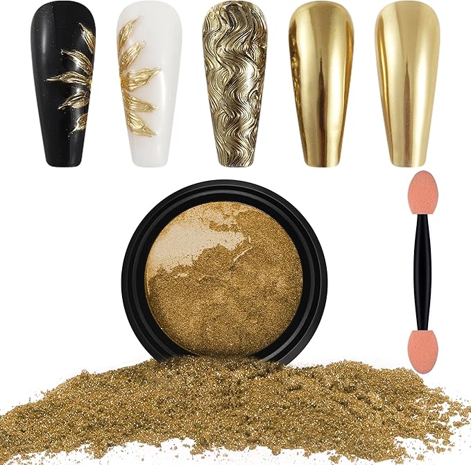 Artdone Chrome Nail Powder, Light Gold Iridescent Aurora Powder Metallic Mirror Effect Pigment Pearlescent Mermaid Pigment Pearl Glitter Dust Kit, Nail Art Decoration, Resin Craft