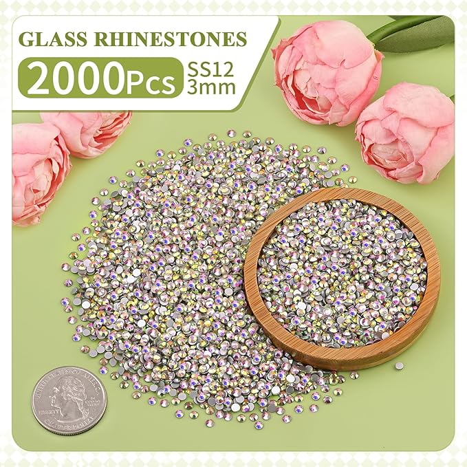 2000PCS SS12/3mm Crystal Rhinestones (Crystal AB) with 2Pcs 10ml B7000 Jewelry Glue, Bedazzling Flatback Glass Rhinestones for Crafting, Gems Diomand Charms for Tumbler Shoes Clothing Mugs Nail Art