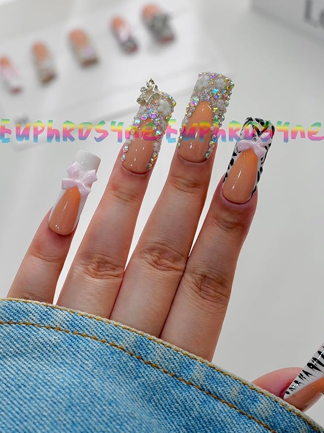 Euphrosyne 10pcs Coffin Nude Brown Press On Nails – Fake Nails with Rhinestones, Zebra Print & 3D Bows | Glam Stick-On Acrylic Nails with Big Charms for Bold Y2K or Party Look