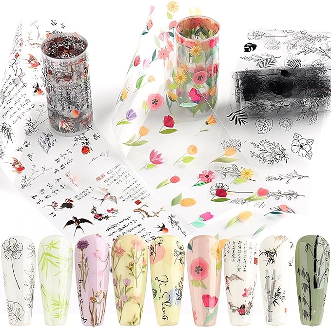 JERCLITY 10 Rolls Flower Nail Foil Transfer Sticker Kit Bamboo Ink Painting Pattern Nail Foil Sheets Foil Nail Art Decals Spring Nail Foil Transfer Stickers Foil Nail Wraps for Foil Nail Art