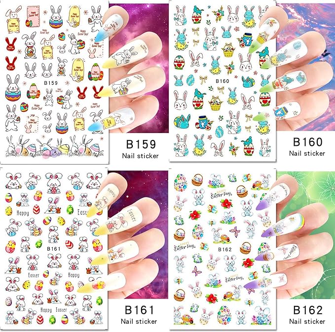 Easter Bunny Nail Art Stickers Decals 3D Self-Adhesive Nail Art Accessories Cartoons Rabbit Animal Flower Designs Sticker Lovely Rabbit Manicure DIY Nail Decorations 12 Sheets