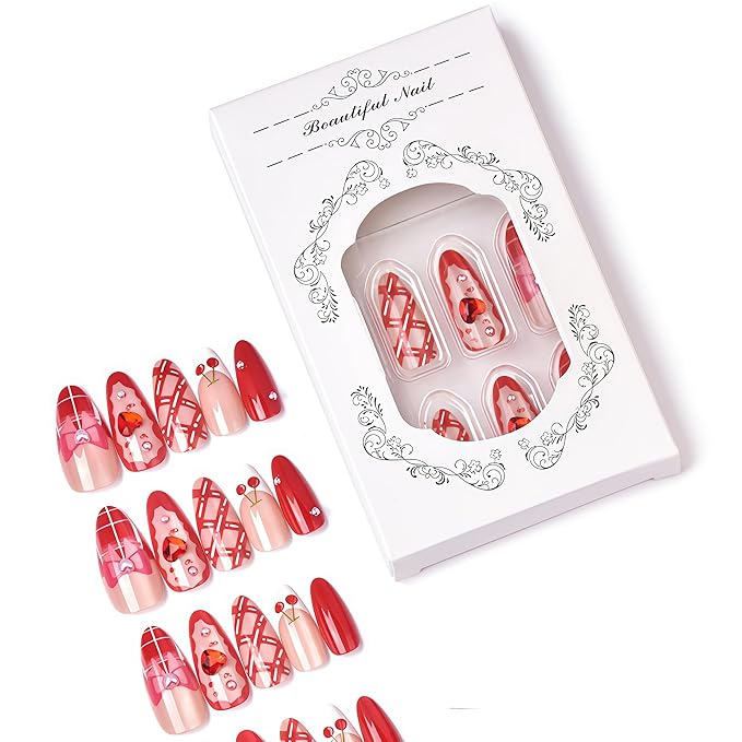 24Pcs Valentines Day Press on Nails Medium Almond Red Fake Nails Nude False Nails with Bow Cherry Pearls Design Red Heart Rhinestone White French Glue on Nails Artificial Stick on Nail for Women