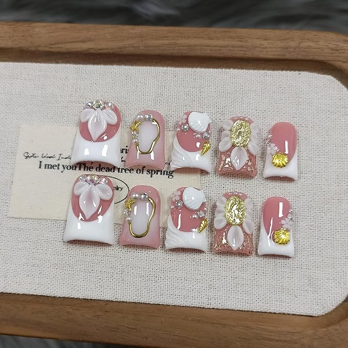 Duckbill Press on Nails - White Blushing French Ombre Fake Nails with 3D Floral & Shell Design For Women Girls | Salon Quality Handmade Elegant Classic Style False Nails with Tools(S)