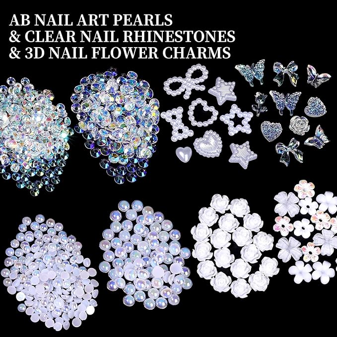 FAMDAMEI 24 Grid Flat Back Pearls and Rhinestones for Bedazzling Kit, Clear White Pink Pearls Flatback Resin Jelly Rhinestones,Flower 3D Nail Charms and Gems for Crafting Rhinestones for Crafts