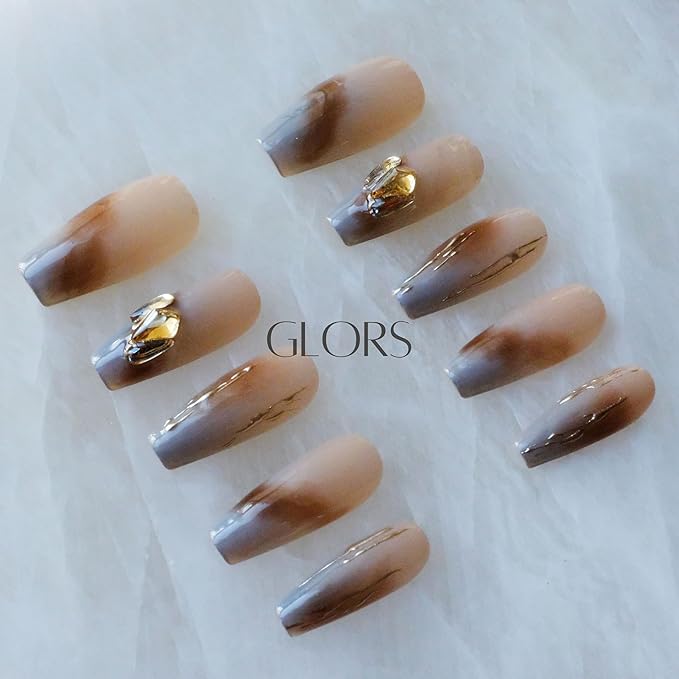 Ombre Press On Nails, Long Ballerina Style, Nude to Gray with Gold Accent, Handmade False Nail 10 Pieces (Small,LB)
