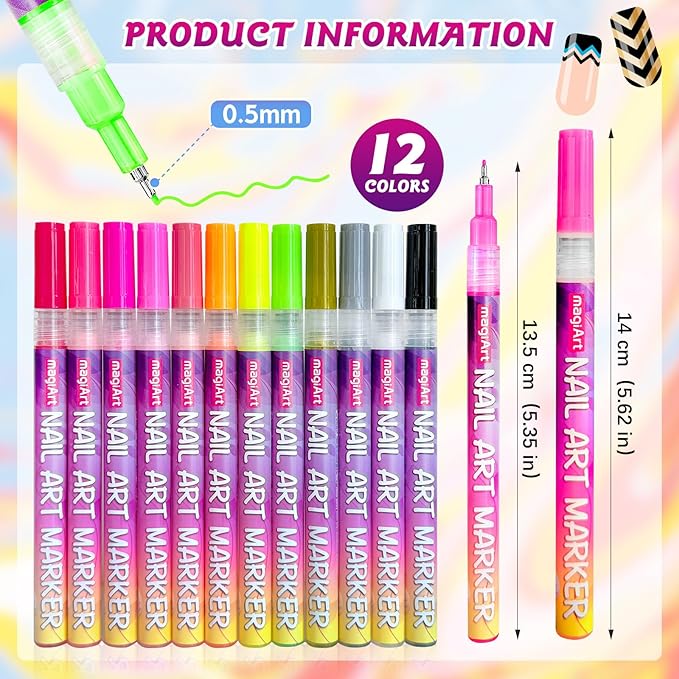 Fluorescent Nail Art Pens, 12 Color 0.5 MM Glow In The Dark Neon Nail Polish Pens Set Drawing Point Painting Liner Painted Pen Kit, Waterproof Nail for DIY Design Manicure Tools