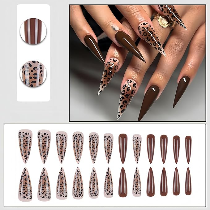 24 Pcs Stiletto Press on Nails Long Fake Nails with Leopard Print Designs Natural Reusable Brown Acrylic Nails Brown Leopard Print Artificial Nails Ombre Full Cover Stick on Nails for Women Manicure