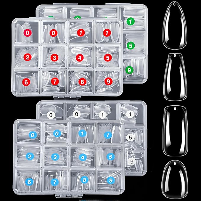 ELLEWIN 1000PCS Nail Tips Clear False Nails Full Cover for Acrylic Nails Kit 10 Sizes 4 Shapes Long Almond Square Coffin Oval Pre-Shape for Salon Home DIY Gifts