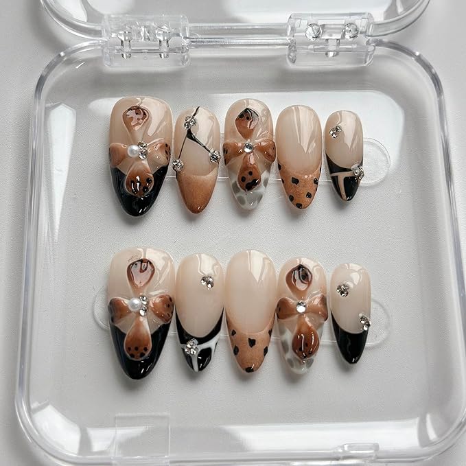 Luxury Press on Nails Short Almond Handmade 3D Unique Reusable ABS Material Fake Nails French Tip False Nails with Designs Polka Dots Flower Rhinestones Brown Glossy Glue on Nail Thick Acrylic Nail(M)