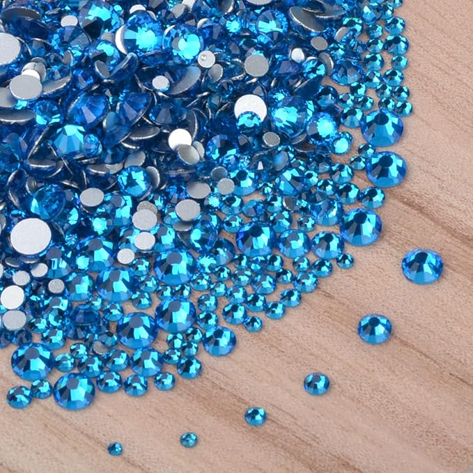 10000 Pieces Rhinestones 6 Sizes Round Crystal Glass Flat Back Rhinestones with 1Tweezers and 1Picking Pen for Nail Art Crafts Clothes Bags DIY (Blue Zircon)