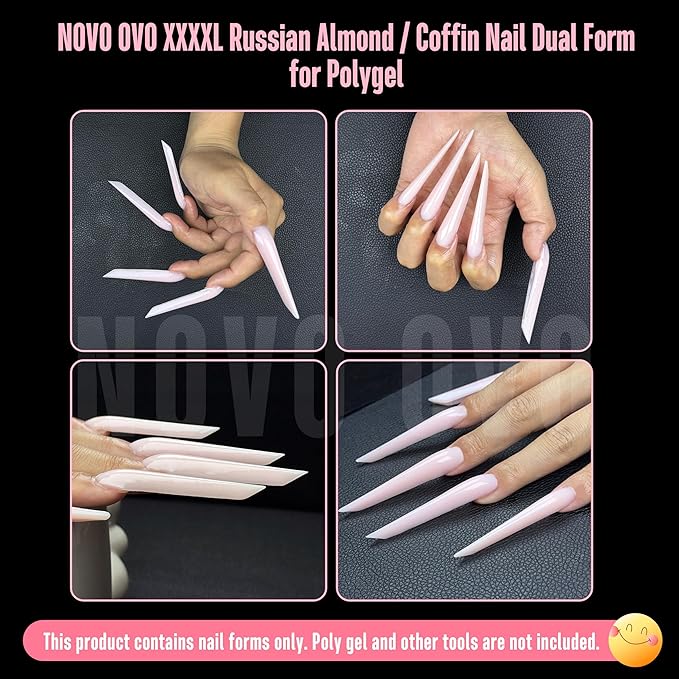NOVO OVO XXL XXXL Russian Almond/Coffin Nail Dual Forms for PolyGel Extension, NOT NAIL TIPS, Suitable for Hard/Builder/Poly Gel, Reusable Soft Gel Full Cover Molds 70 Pcs x 14 sizes