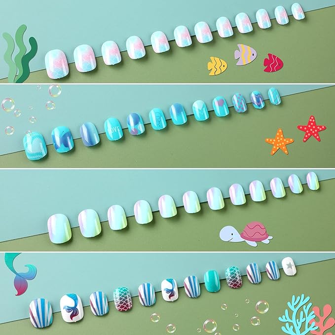 JANYUN 96 Pcs Kids False Nail Press on Nails Full Cover Short False Nails Children Nail Tips Lovely Gift for Kids Little Girls Nail Art Decoration (Blue Theme)