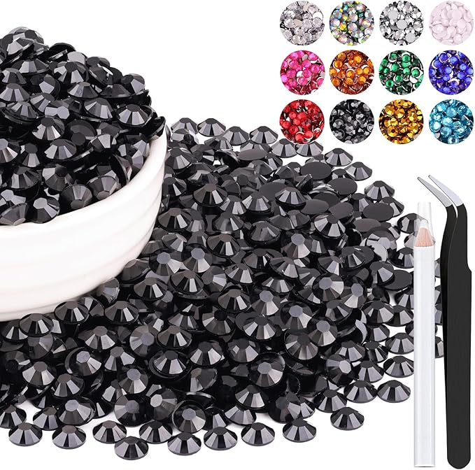 1500PCS 6mm Resin Rhinestones Bulk for Crafting (Black), Flatback Bedazzling Crystals for Crafts DIY Nail Decoration, Gems Charms for Tumbler Shoes Clothing Fabric with Pickup Pen and Tweezers