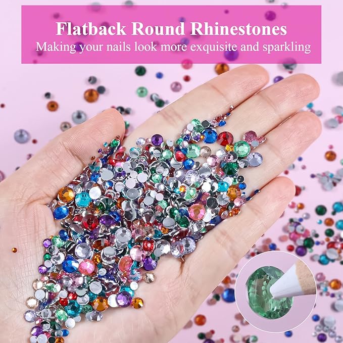 5 Boxes Shiny Colorful Nail Art Rhinestones Nail Stone Gems Design Kit 2-6mm Flatback Round Clear Solid Color Nail Gems with a Curved Tweezers and a Nail Brush (Solid Color kit)