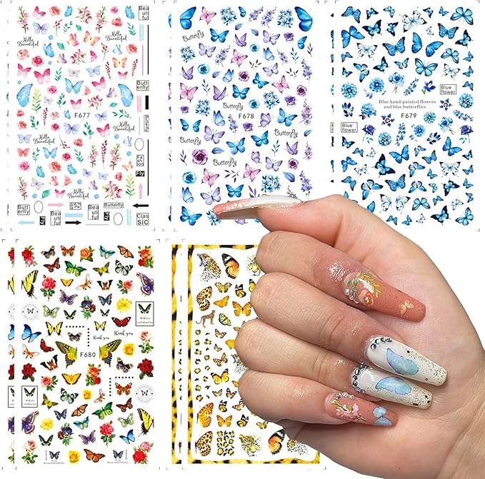 Eseres 10 Sheets Butterfly Nail Stickers for Women Nails Design and Art