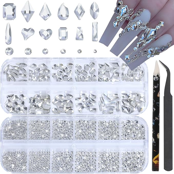 HNUIX Nail Rhinestones - 3D Multi Shape Size, Crystal Clear Nail Gems, Flat Back, with Kit, for Nail Art, DIY Decorations